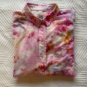 Anthropologie Women's L Pilcro Cate Classic Button Up Cotton Pink Blue Tie-Dye